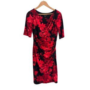 Connected Apparel Red Black Floral Print Ruched Dress Size 8 Sheath Stretch